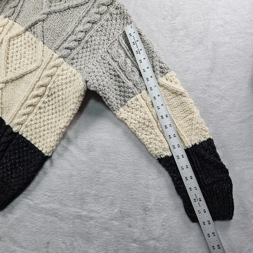 Vtg Aran Pullover Sweater Wool Fisherman Cable Knit Men 40 Colorblock Gray Cream